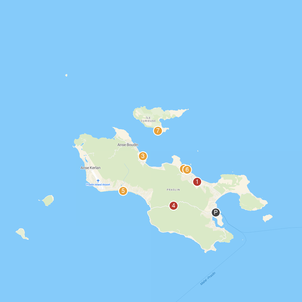 Praslin Island, Seychelles map with numbered points of interest