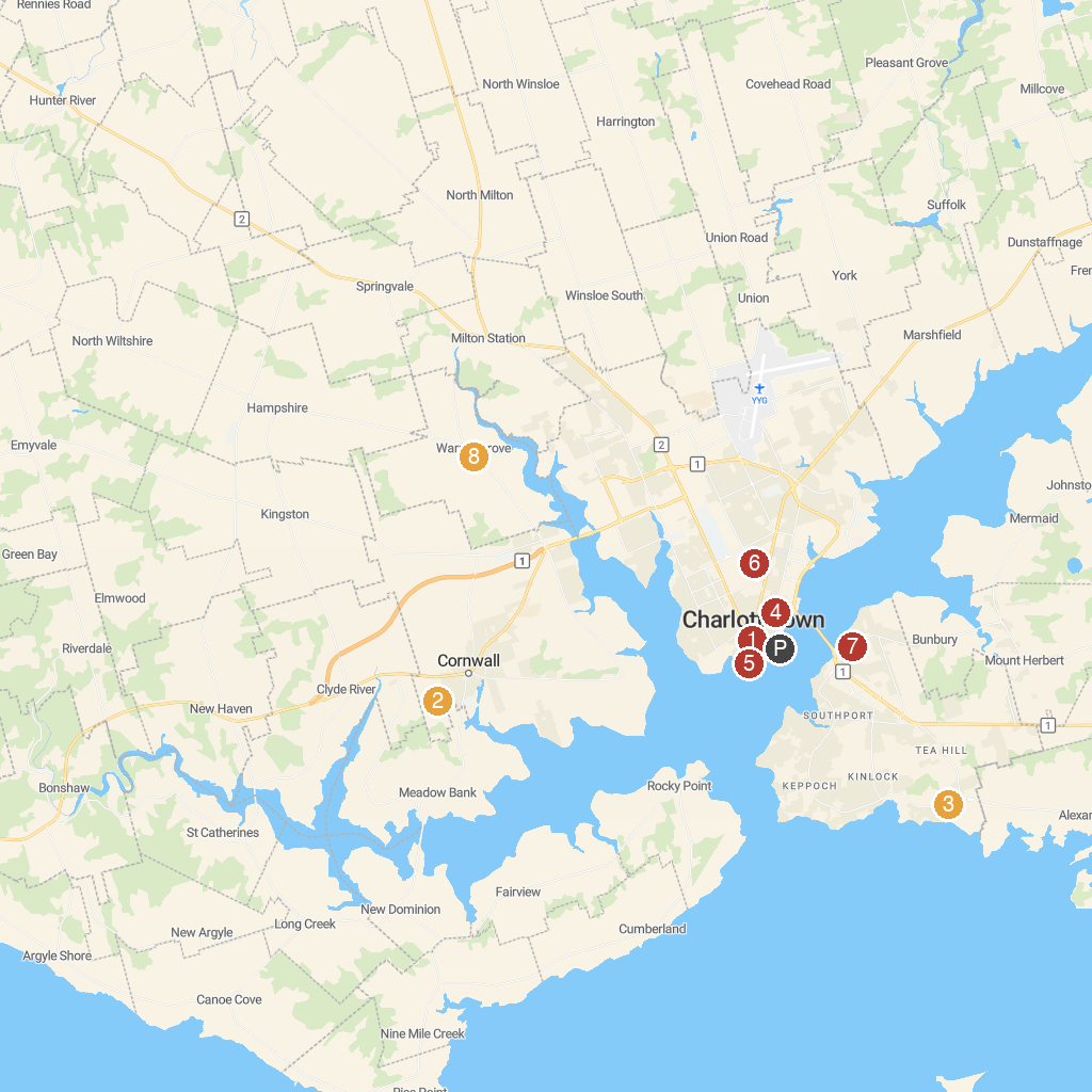 Charlottetown, Prince Edward Island, Canada map with numbered points of interest