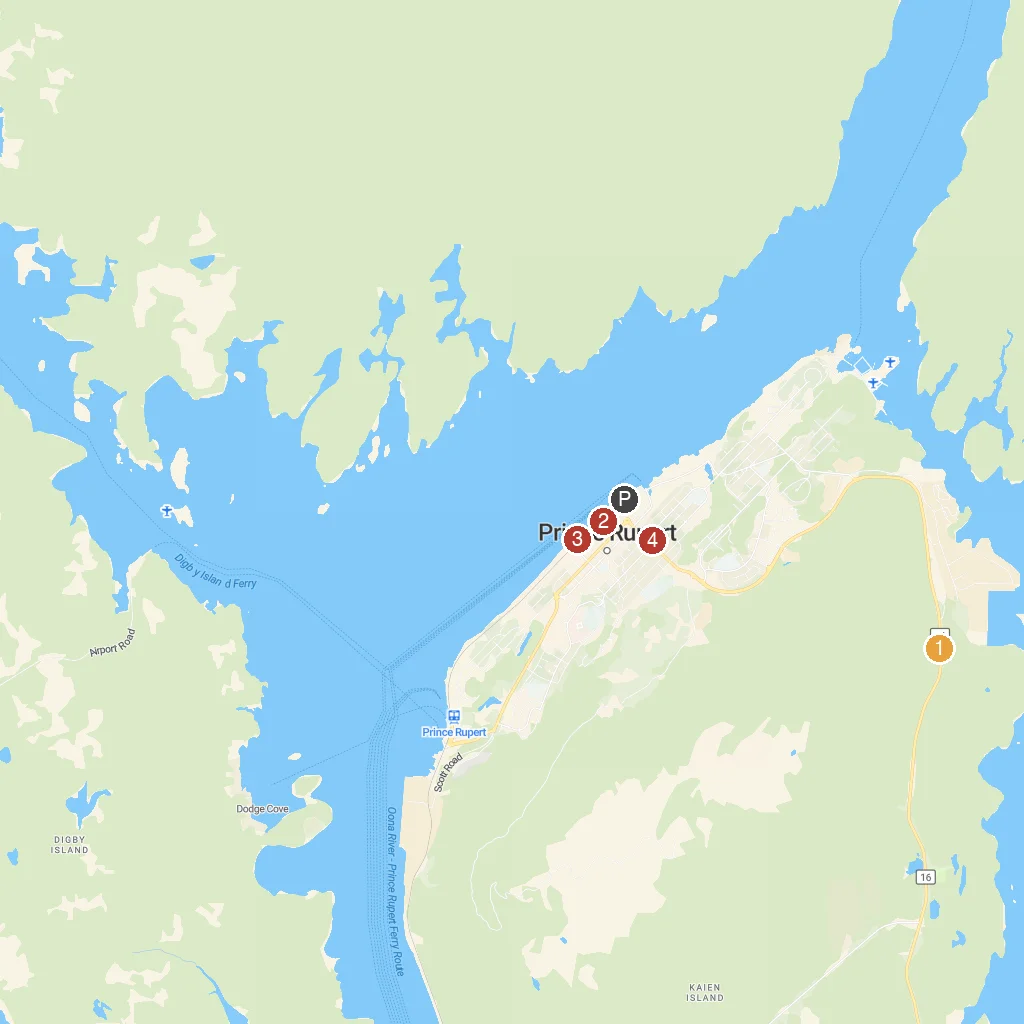 Prince Rupert, British Columbia, Canada map with numbered points of interest
