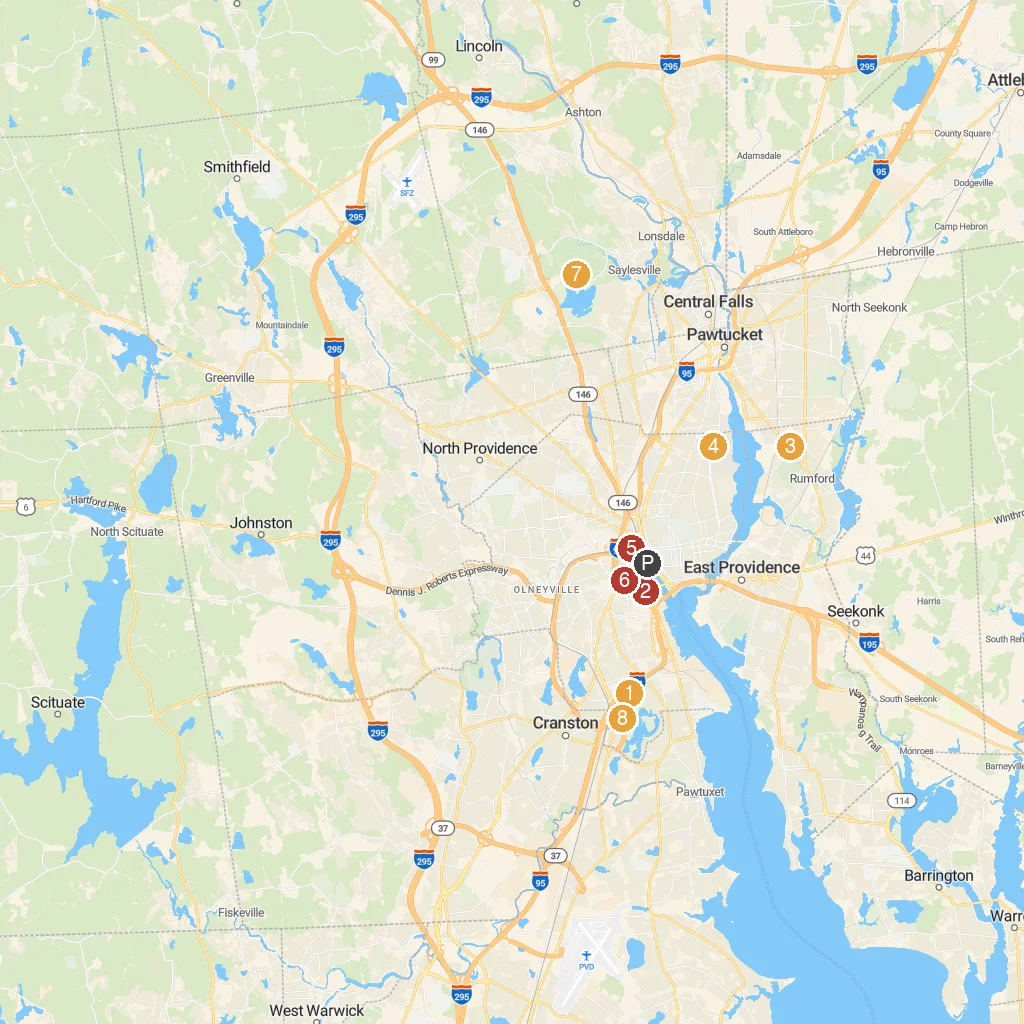 Providence, Rhode Island, USA map with numbered points of interest