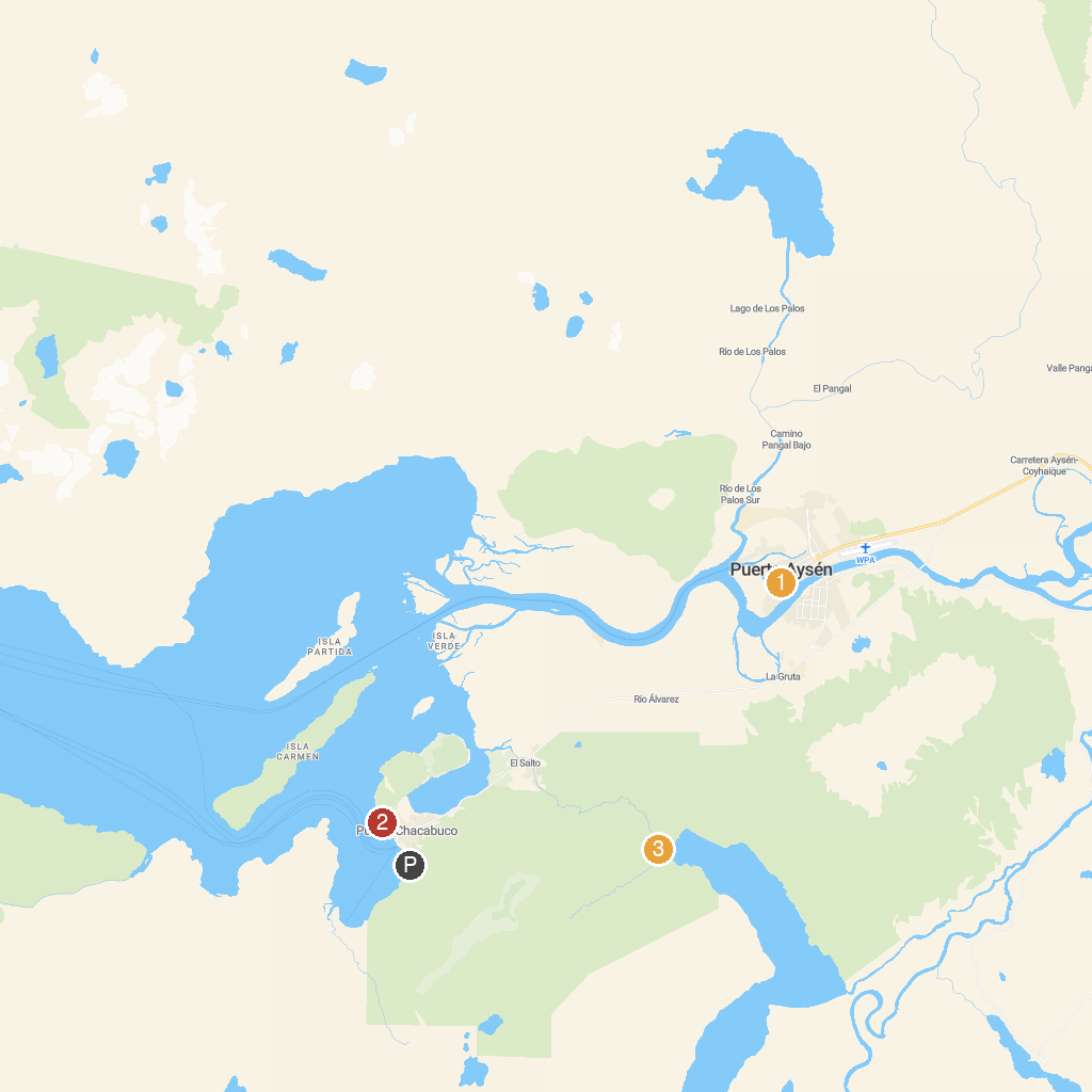 Puerto Chacabuco, Chile map with numbered points of interest