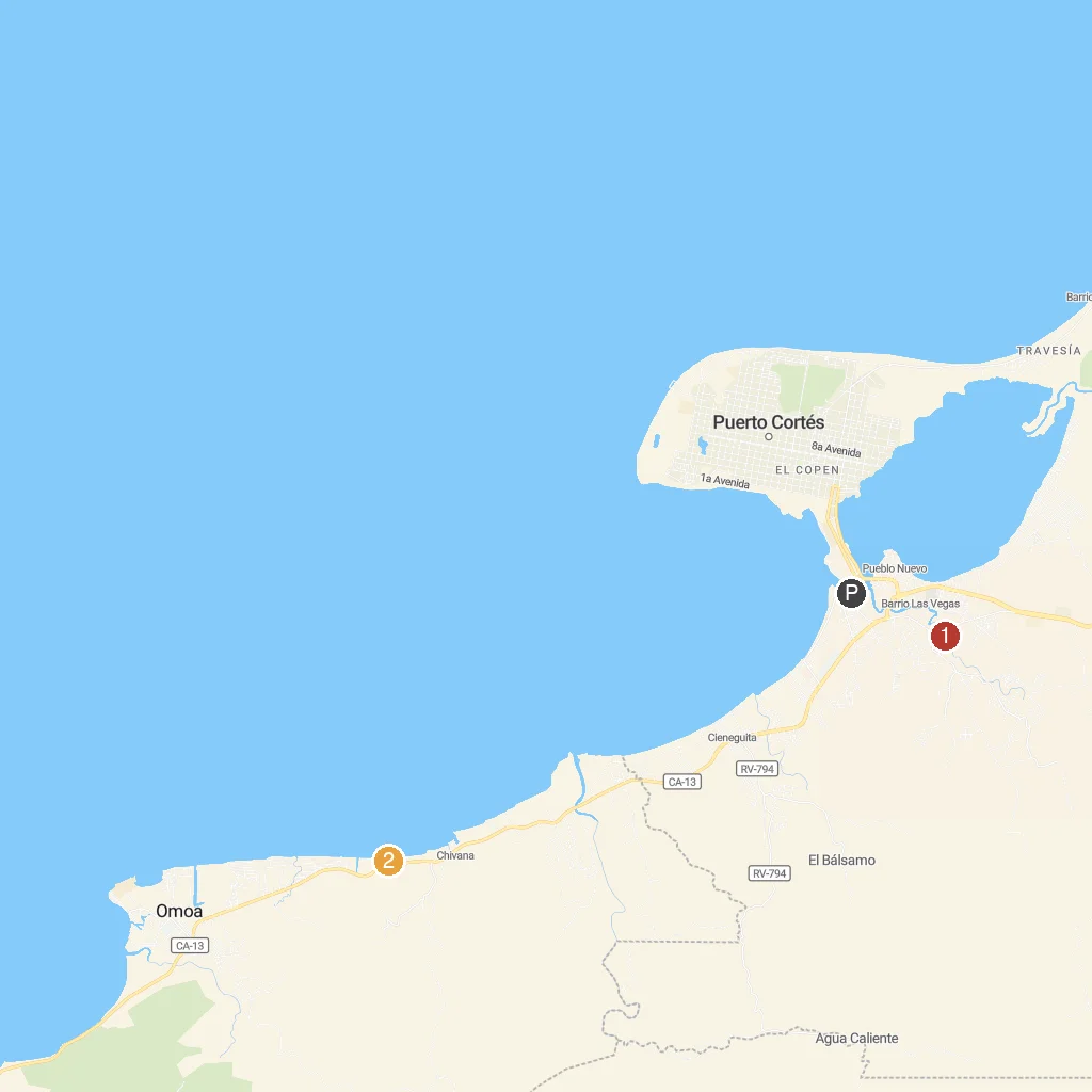 Puerto Cortés, Cortés, Honduras map with numbered points of interest