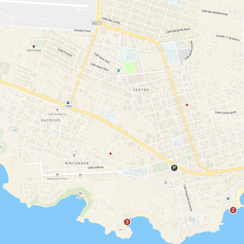 Puerto Escondido, Oaxaca, Mexico map with numbered points of interest