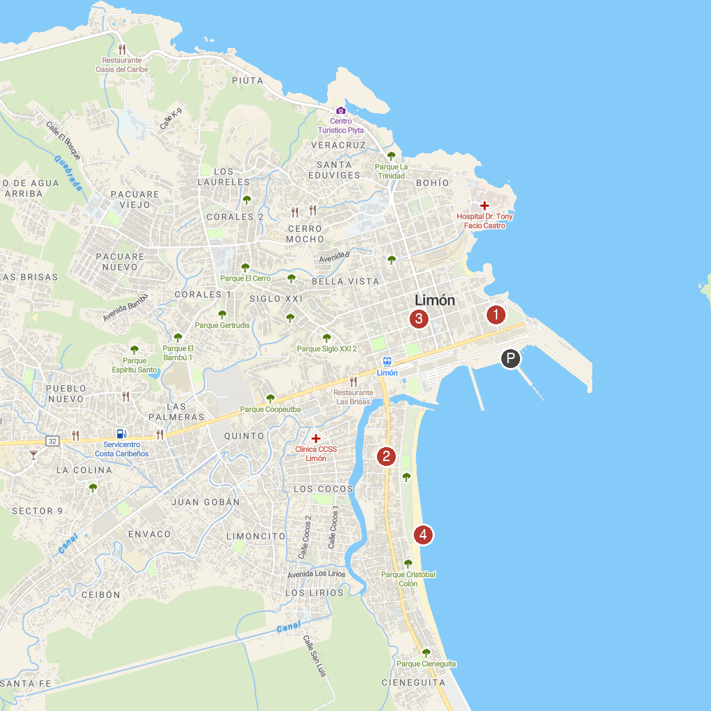 Puerto Limón, Costa Rica map with numbered points of interest