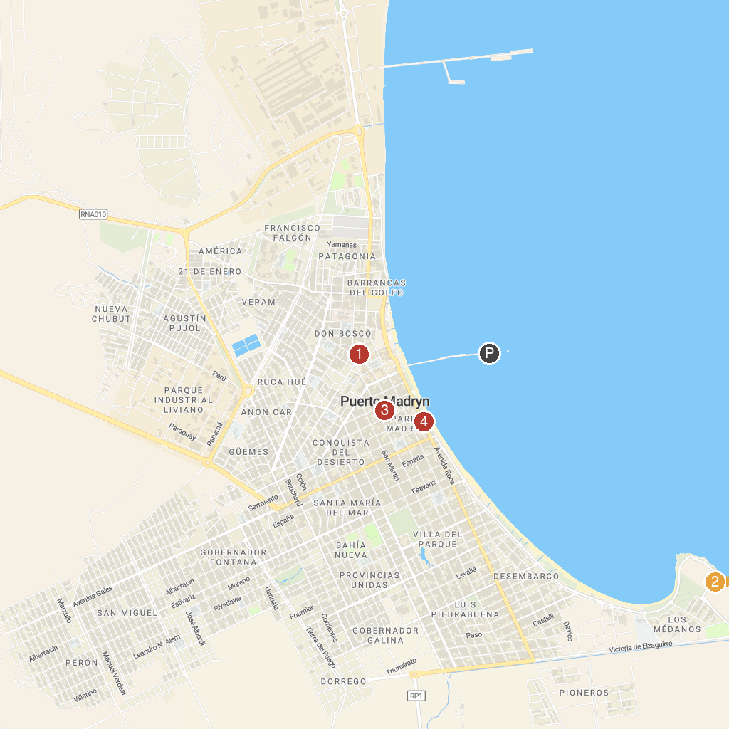 Puerto Madryn, Argentina map with numbered points of interest
