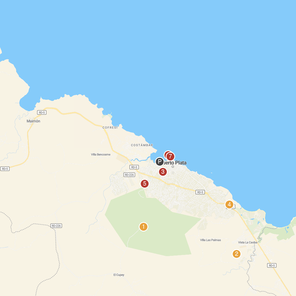 Puerto Plata (Amber Cove), Dominican Republic map with numbered points of interest