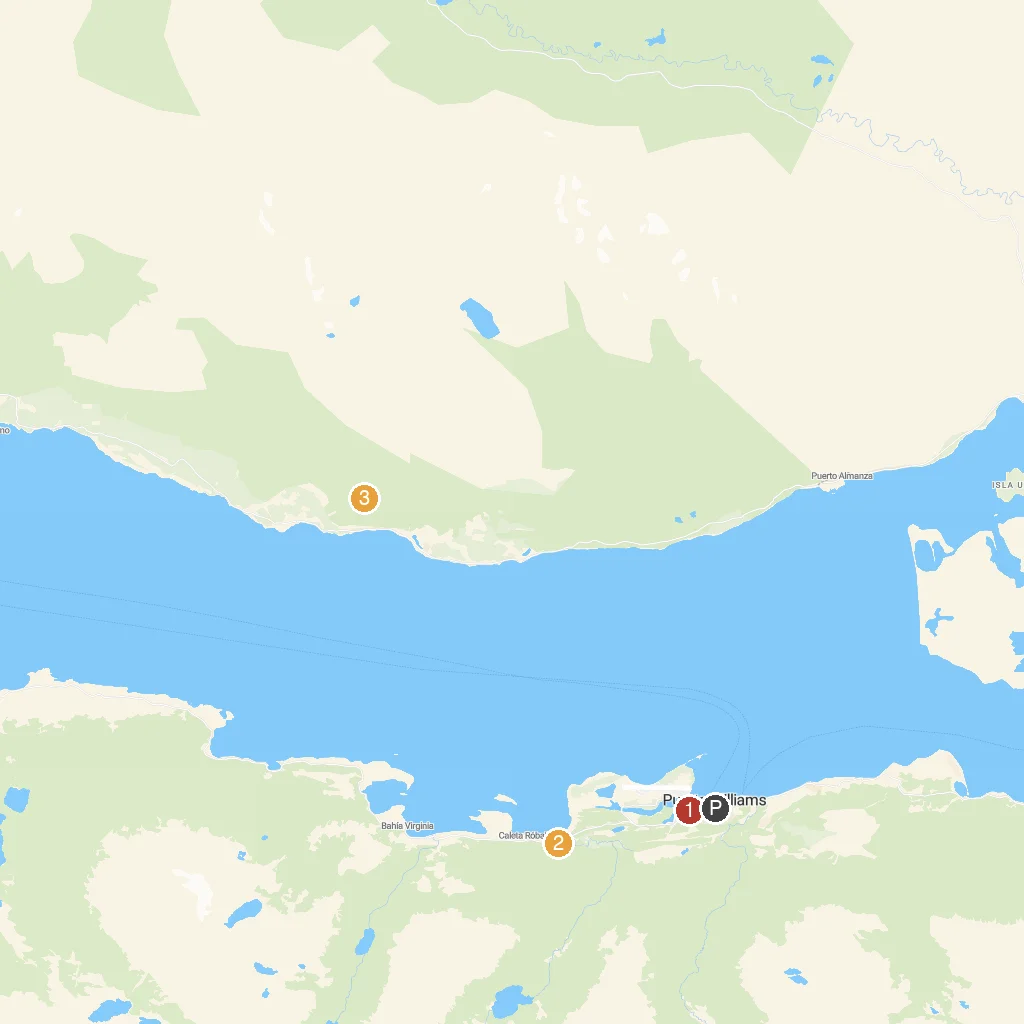 Puerto Williams, Isla Navarino, Chile map with numbered points of interest