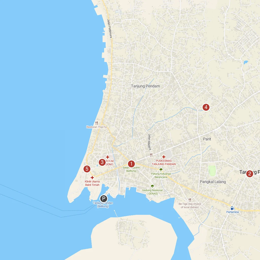 Belitung Island, Bangka-Belitung, Indonesia map with numbered points of interest