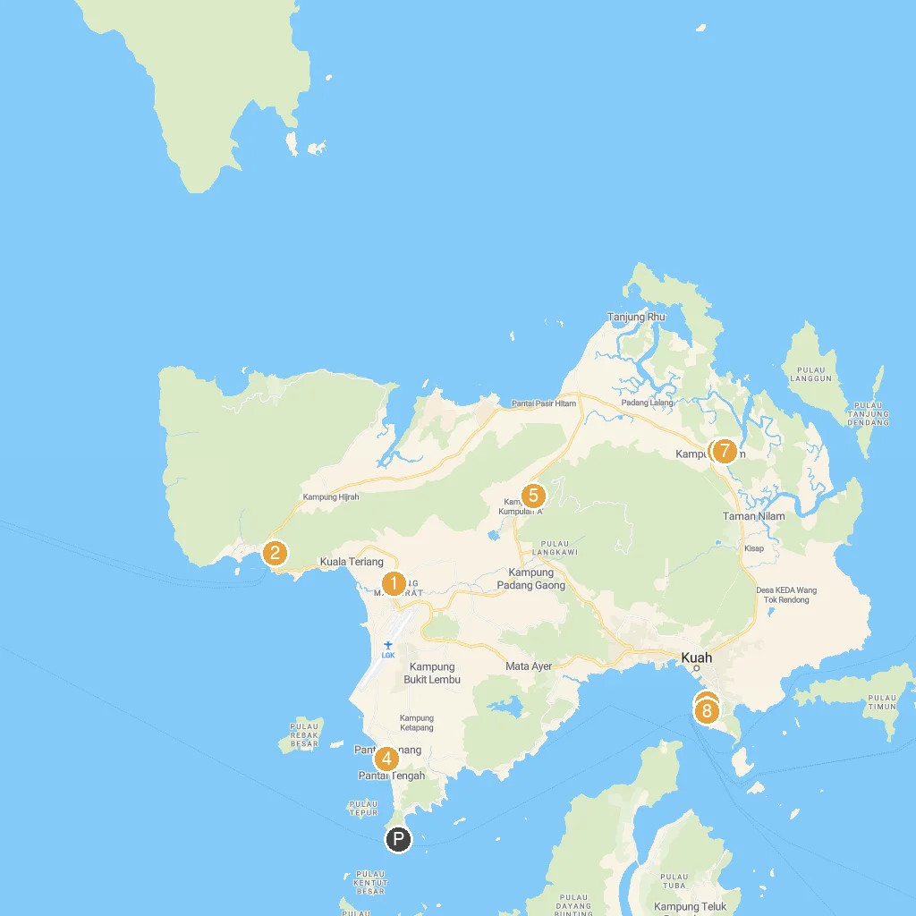 Langkawi, Kedah, Malaysia map with numbered points of interest