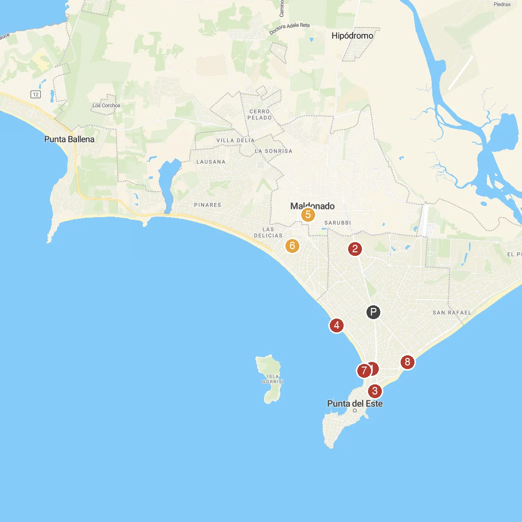 Punta del Este, Uruguay map with numbered points of interest