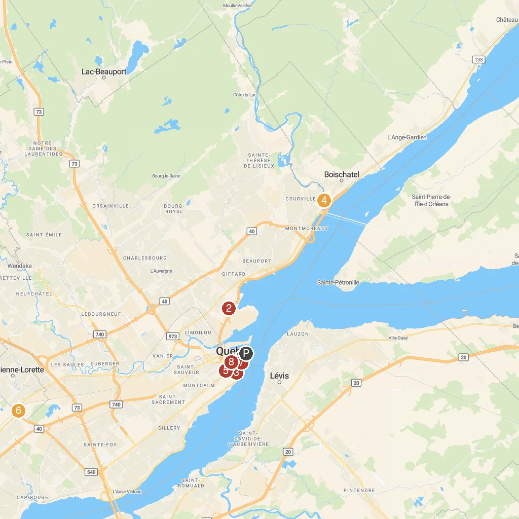 Quebec City, Quebec, Canada map with numbered points of interest