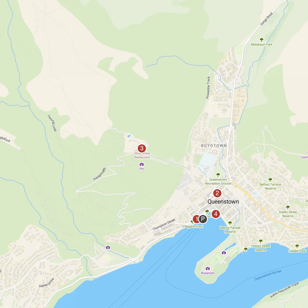 Queenstown, Otago, New Zealand map with numbered points of interest