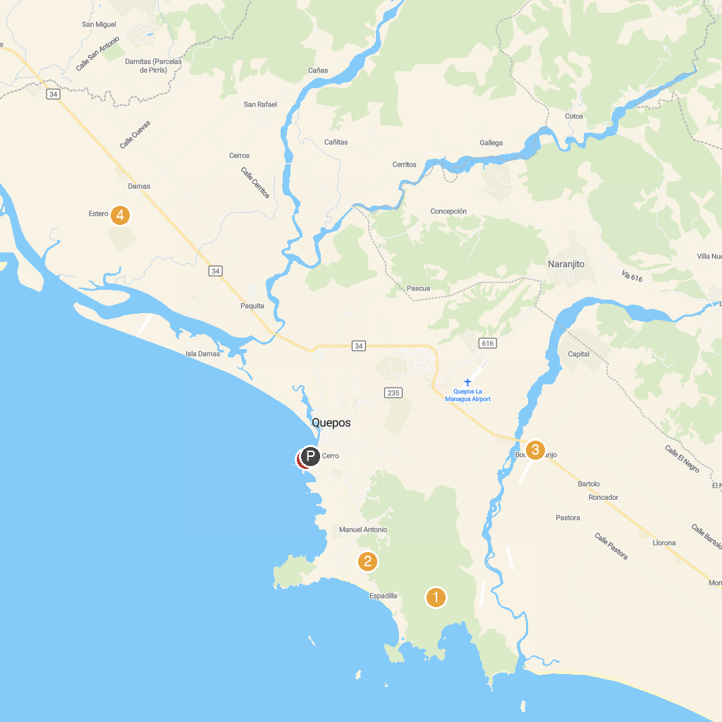 Quepos, Puntarenas, Costa Rica map with numbered points of interest