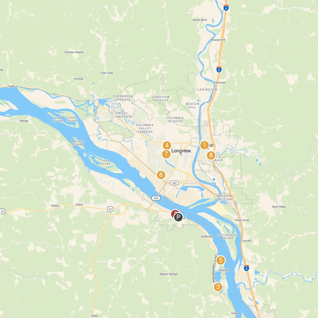 Rainier, Oregon, USA map with numbered points of interest