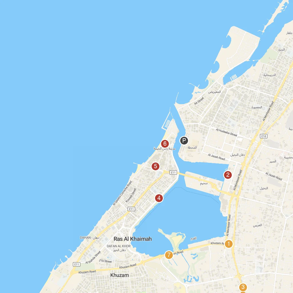 Ras Al Khaimah, UAE map with numbered points of interest