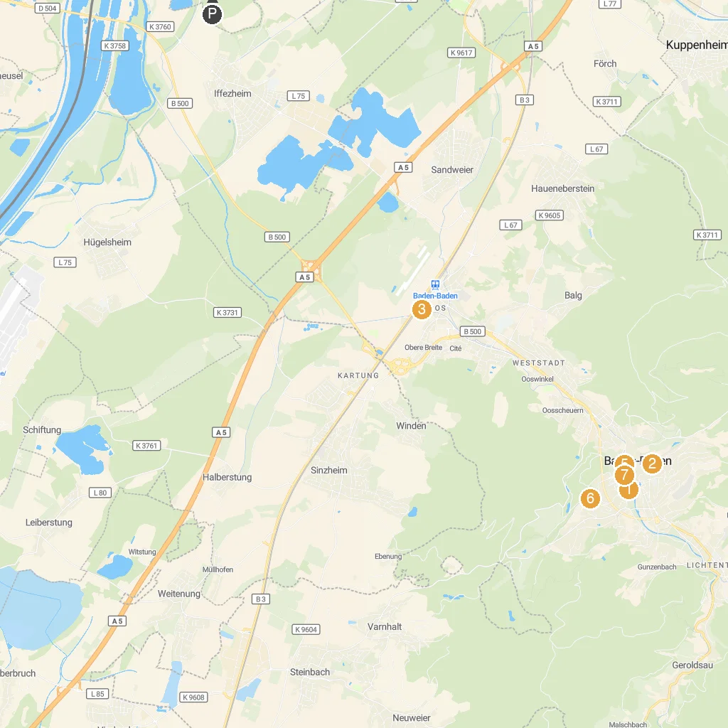 Rastatt, Baden-Württemberg, Germany map with numbered points of interest