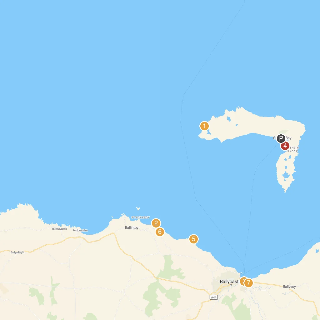 Rathlin Island, County Antrim, Northern Ireland map with numbered points of interest