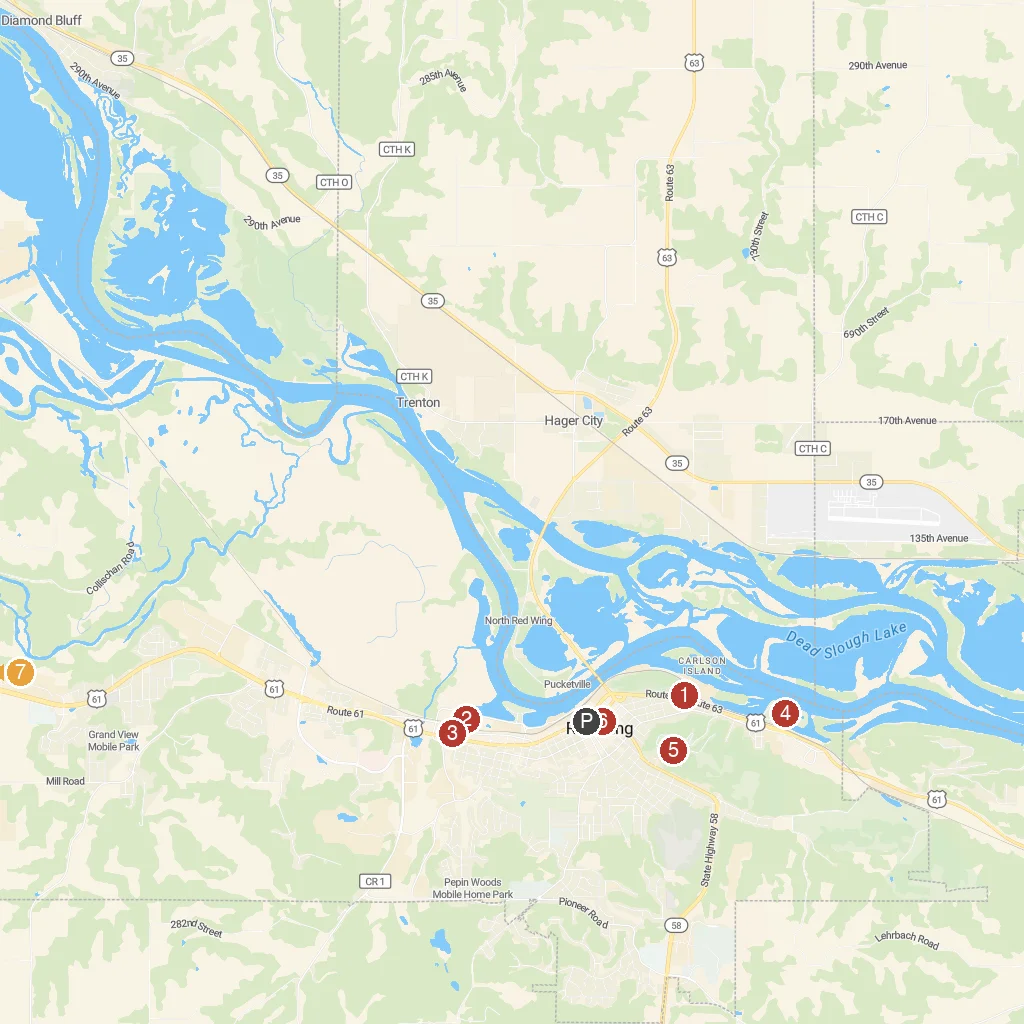 Red Wing, Minnesota, USA map with numbered points of interest