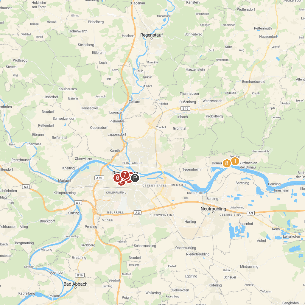 Regensburg, Bavaria, Germany map with numbered points of interest
