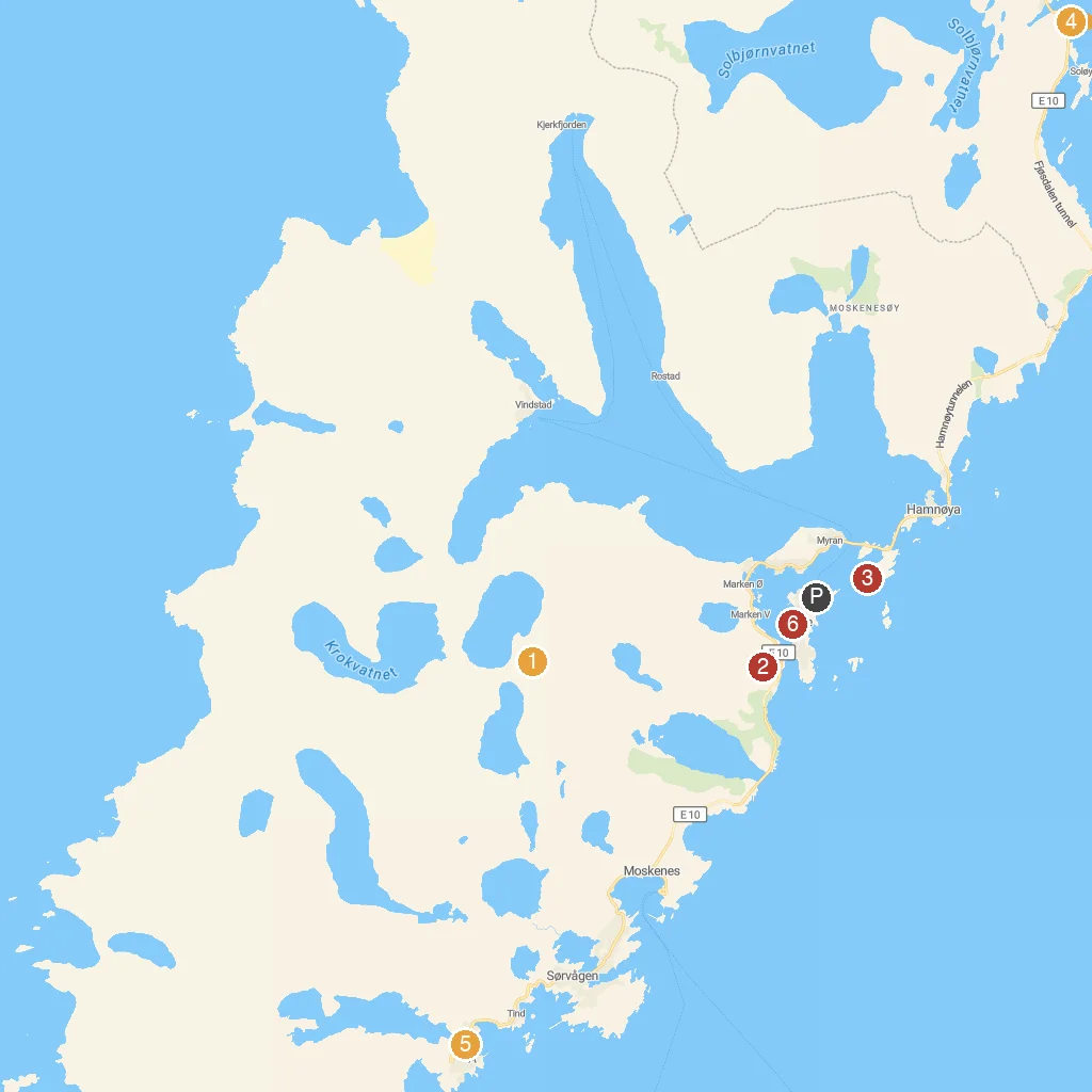 Reine, Lofoten, Norway map with numbered points of interest