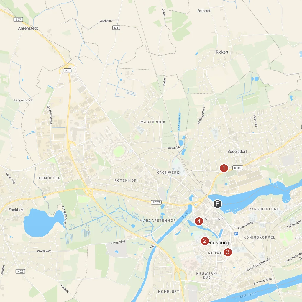 Rendsburg, Schleswig-Holstein, Germany map with numbered points of interest