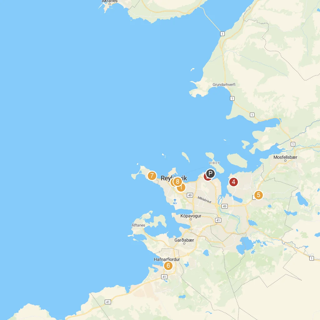 Reykjavik, Iceland map with numbered points of interest
