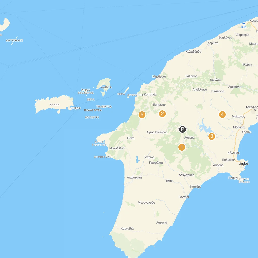 Rhodes, Dodecanese, Greece map with numbered points of interest