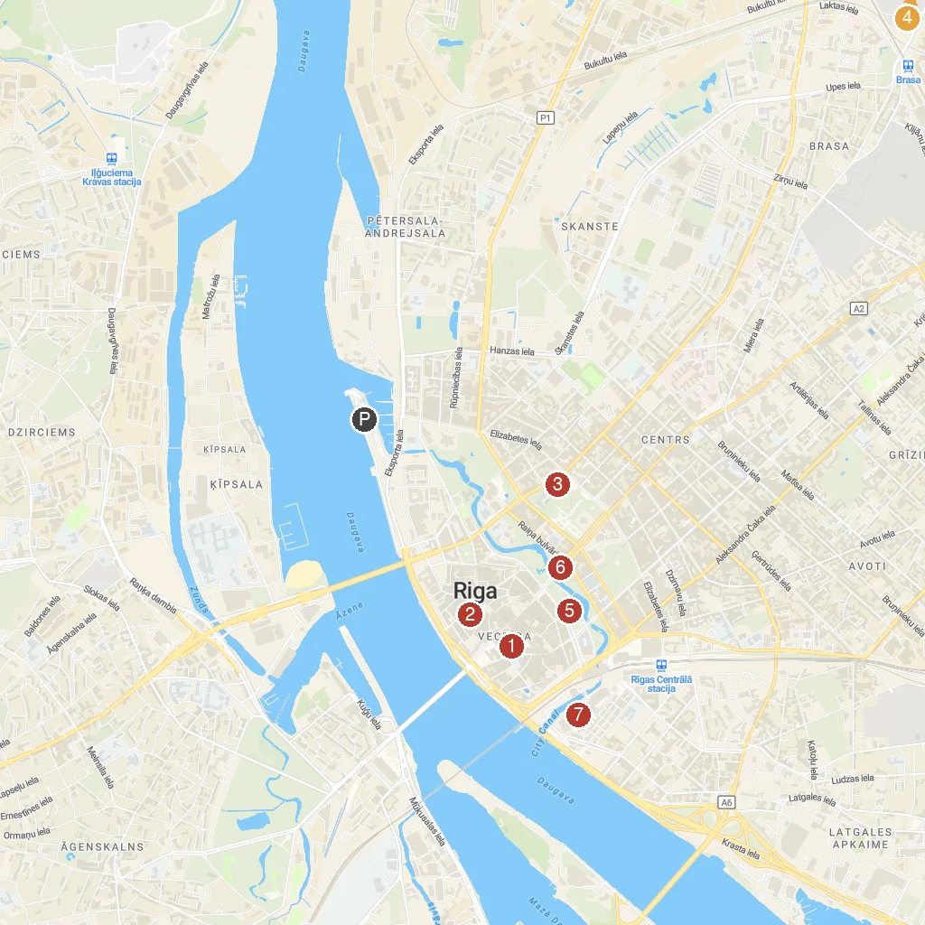 Riga, Latvia map with numbered points of interest