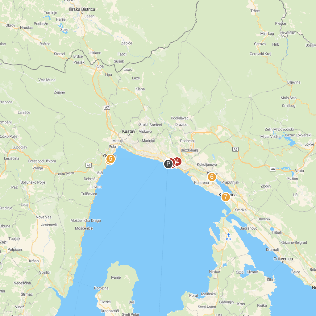Rijeka, Kvarner, Croatia map with numbered points of interest