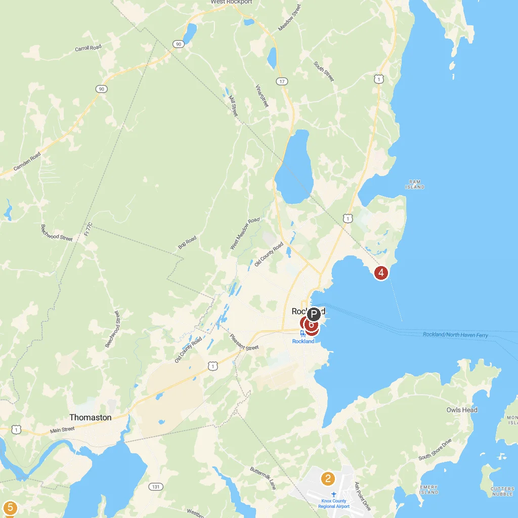 Rockland, Maine, USA map with numbered points of interest