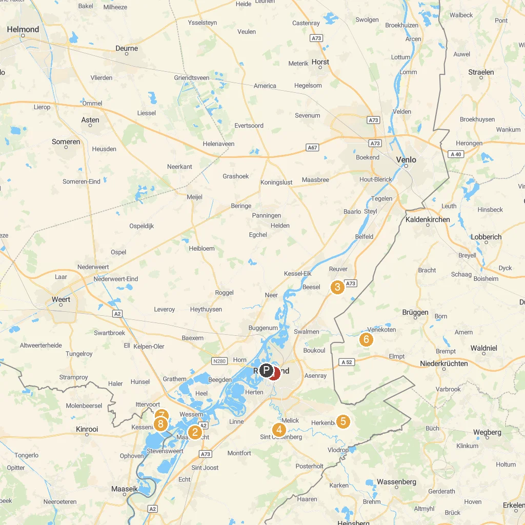 Roermond, Limburg, Netherlands map with numbered points of interest