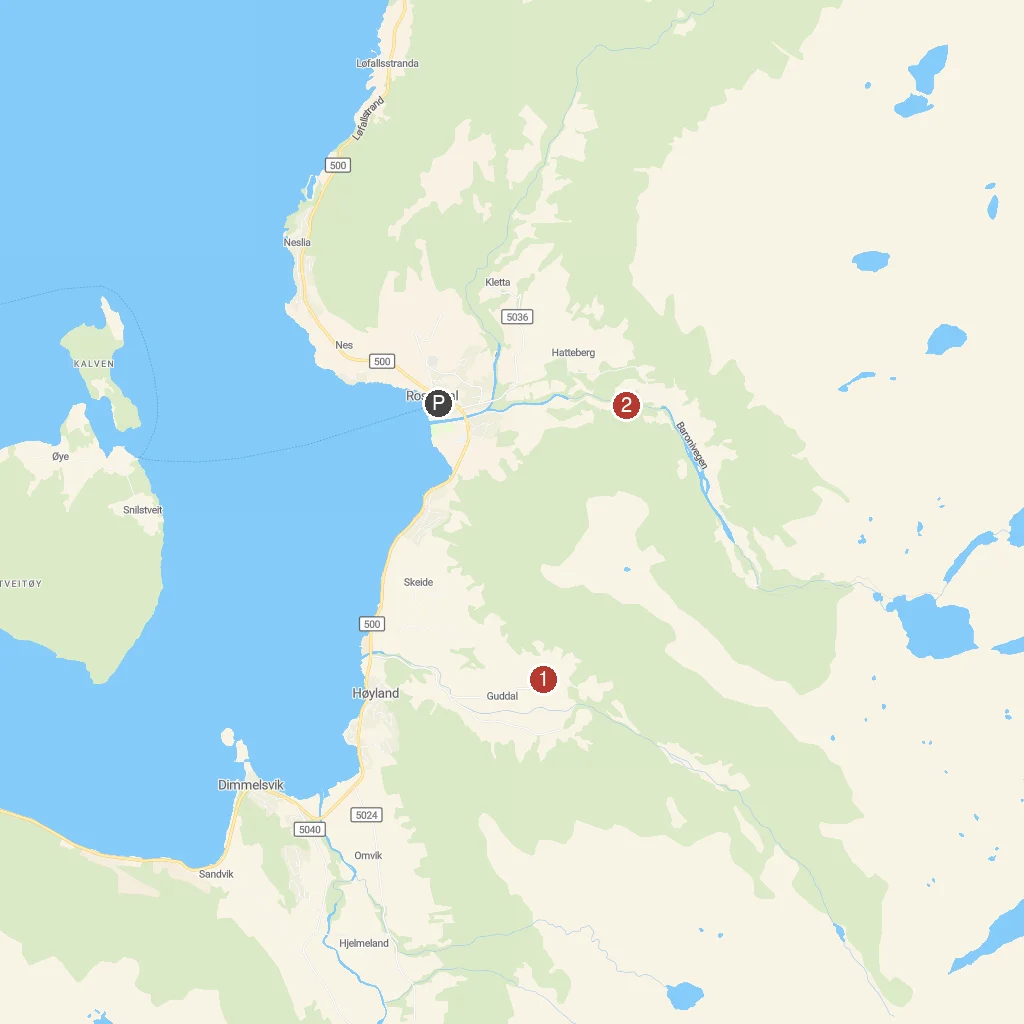 Rosendal, Vestland, Norway map with numbered points of interest