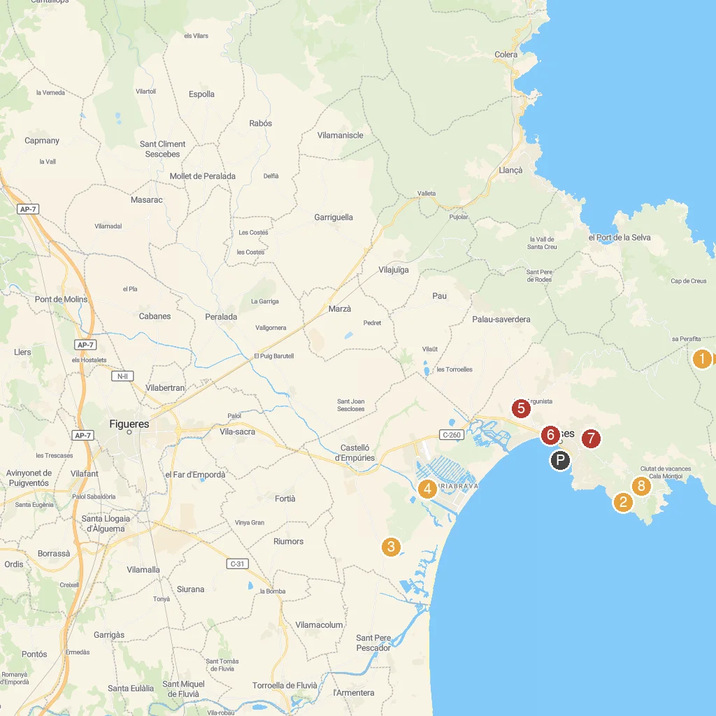 Roses, Costa Brava, Spain map with numbered points of interest