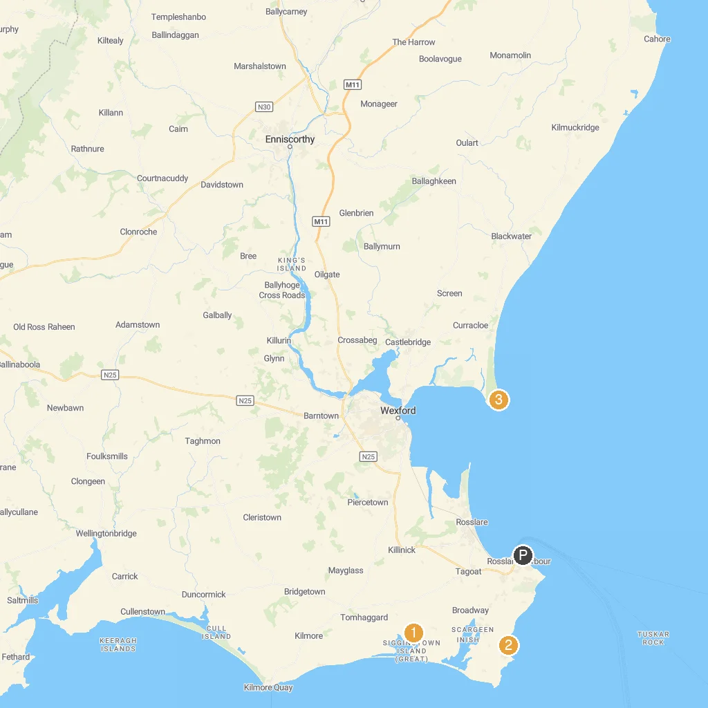 Rosslare Europort, County Wexford, Ireland map with numbered points of interest