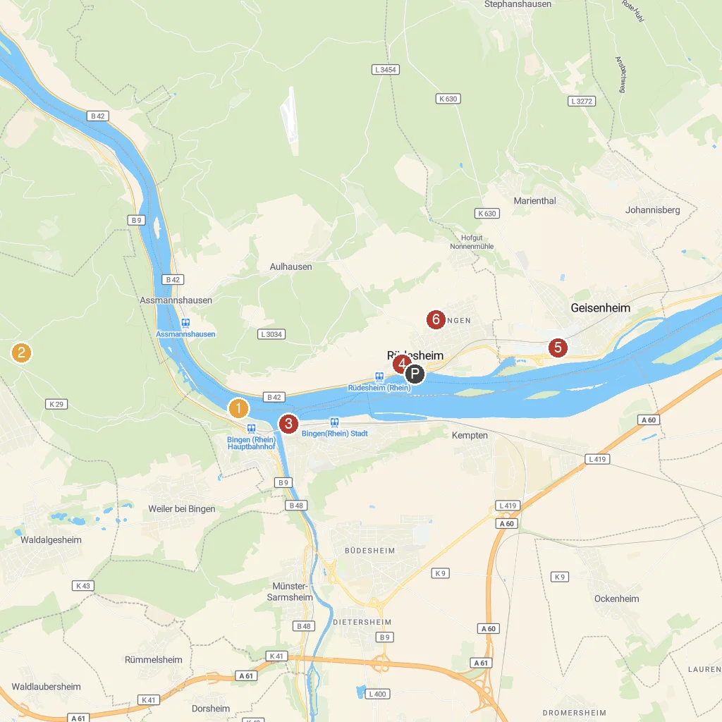 Rüdesheim am Rhein, Hesse, Germany map with numbered points of interest