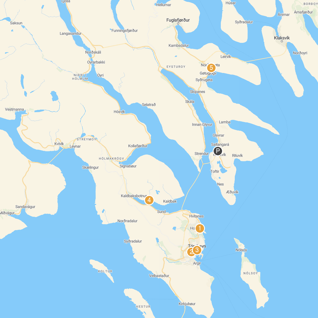 Runavík, Eysturoy, Faroe Islands map with numbered points of interest