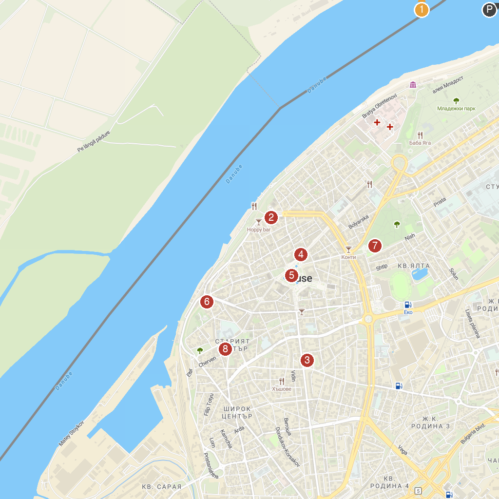 Ruse, Northern Bulgaria, Bulgaria map with numbered points of interest