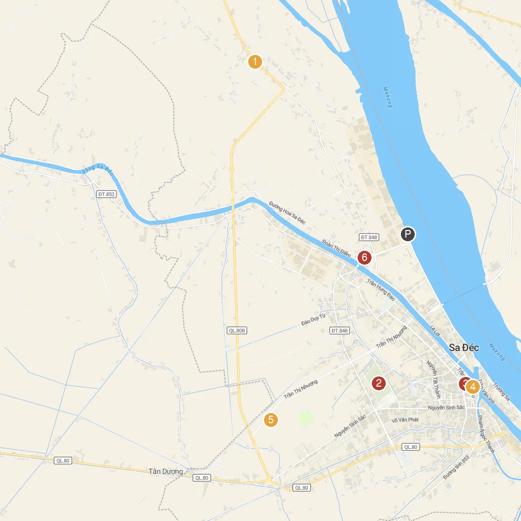 Sa Dec, Dong Thap, Vietnam map with numbered points of interest