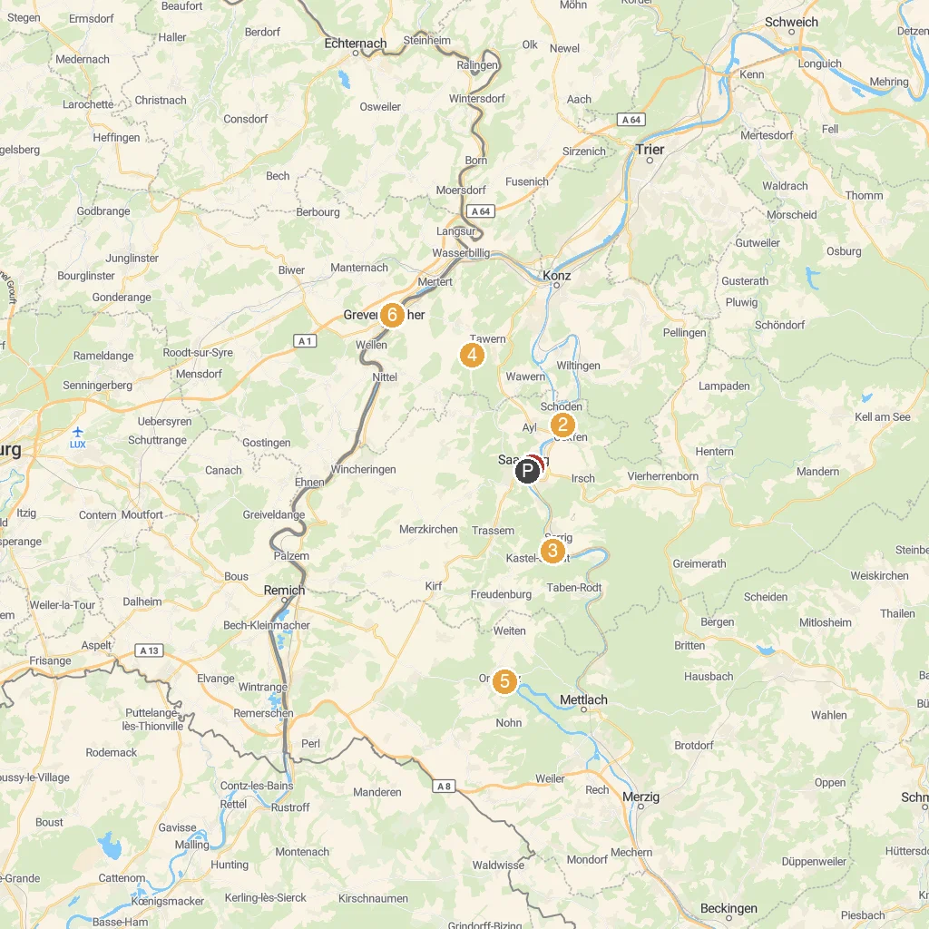 Saarburg, Rhineland-Palatinate, Germany map with numbered points of interest