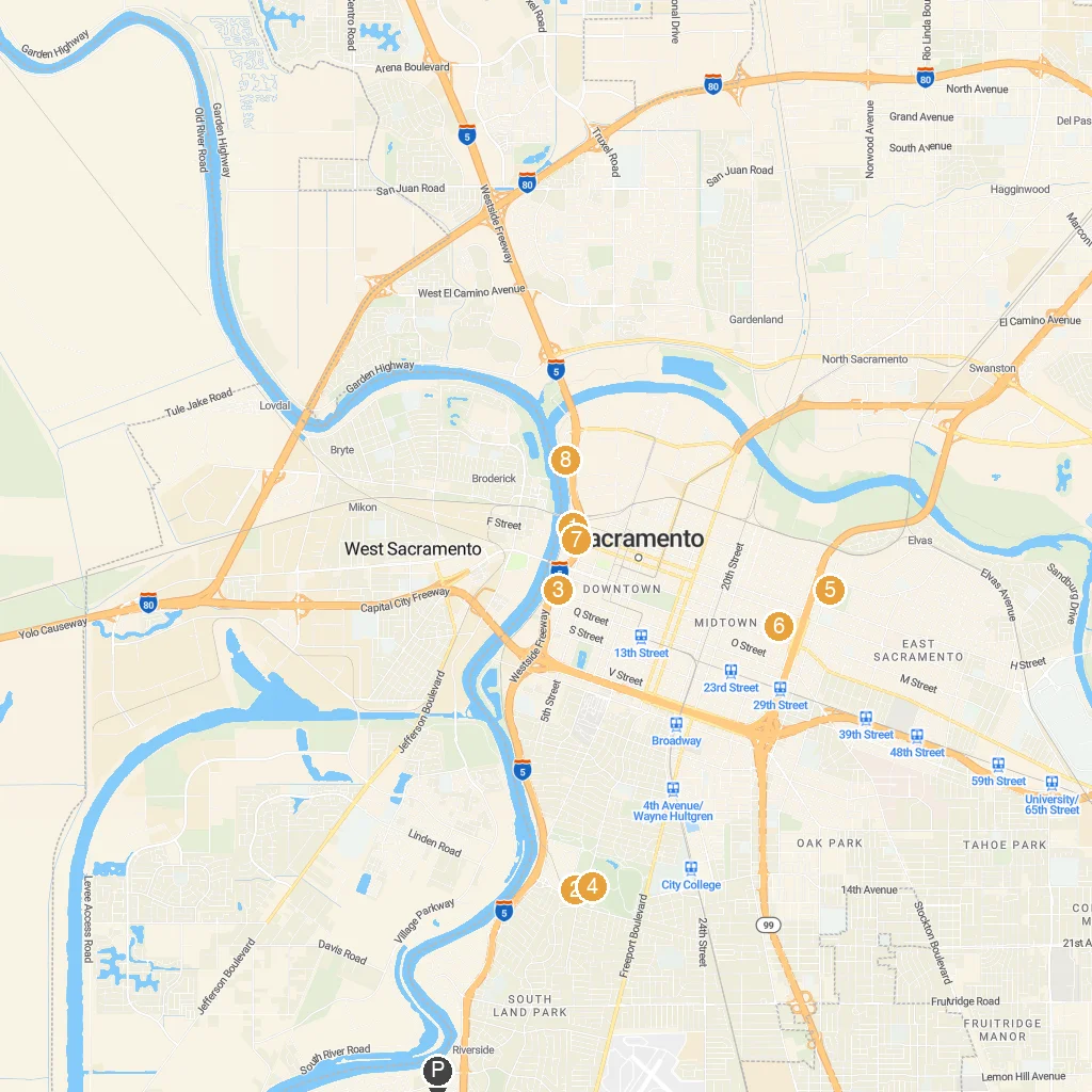 Sacramento, California, USA map with numbered points of interest