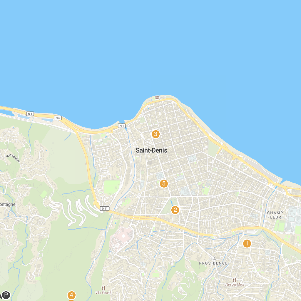 Saint-Denis, Réunion, France map with numbered points of interest