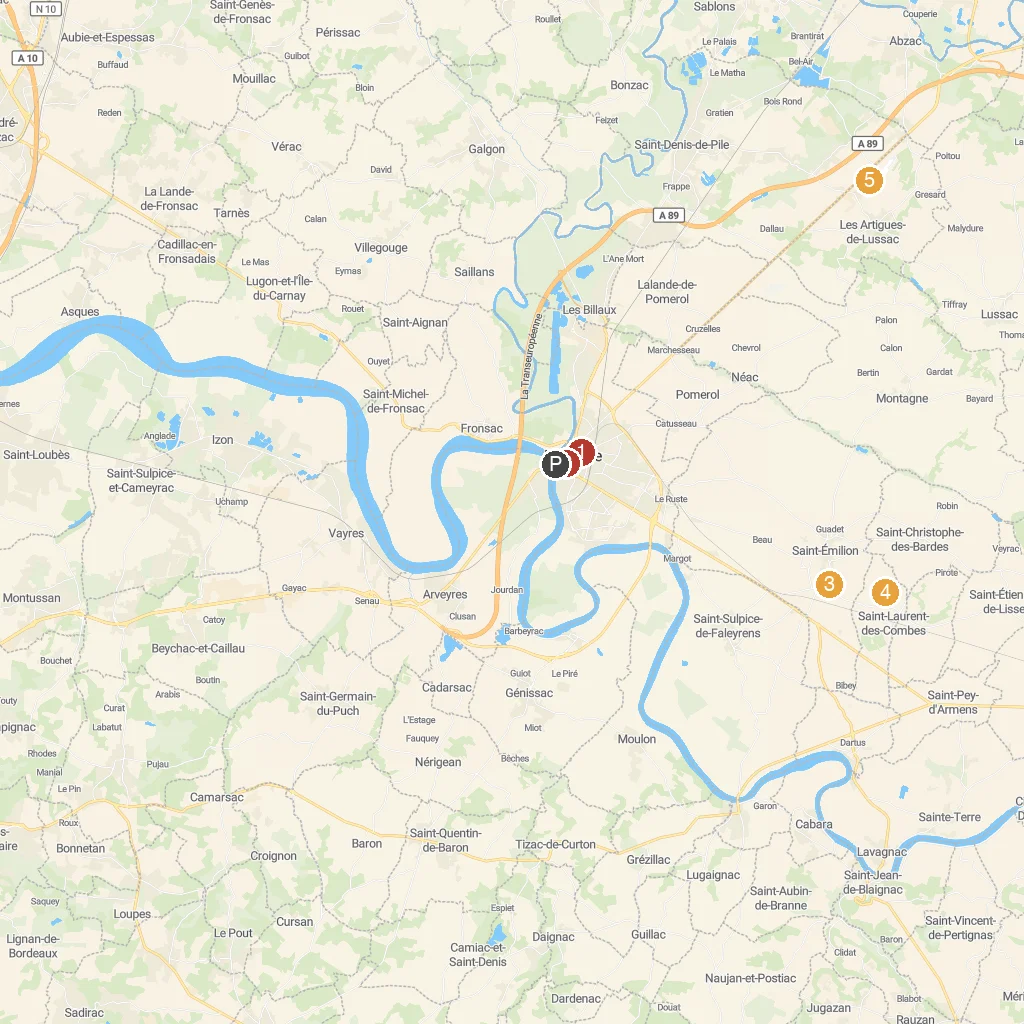Saint-Emilion, Nouvelle-Aquitaine, France map with numbered points of interest