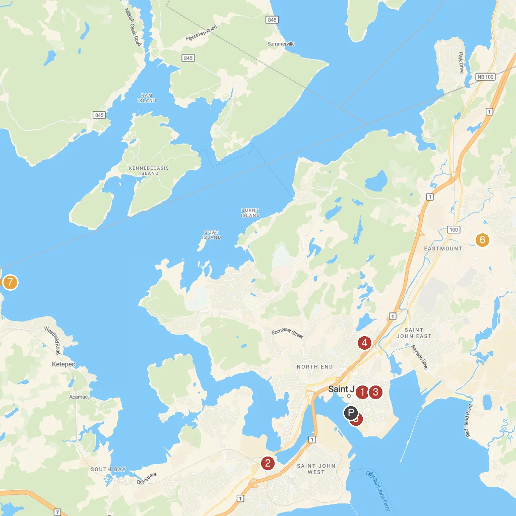 Saint John, New Brunswick, Canada map with numbered points of interest