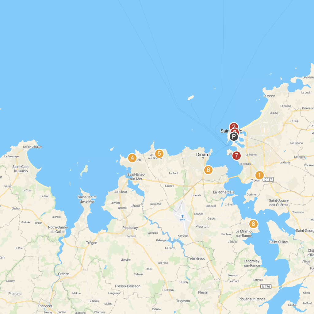 Saint-Malo, Brittany, France map with numbered points of interest