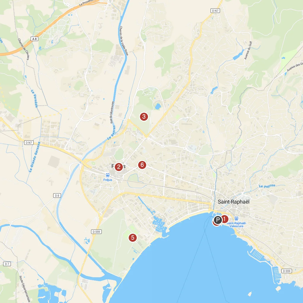 Saint-Raphaël, Var, France map with numbered points of interest