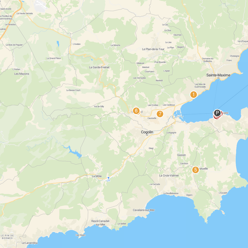 Saint-Tropez, Provence, France map with numbered points of interest