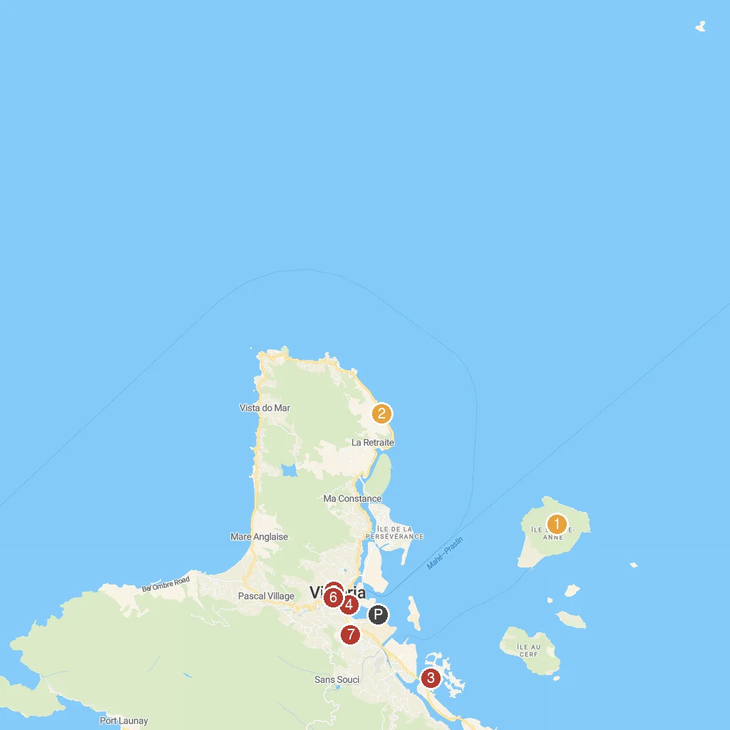Sainte Anne Island, Seychelles map with numbered points of interest