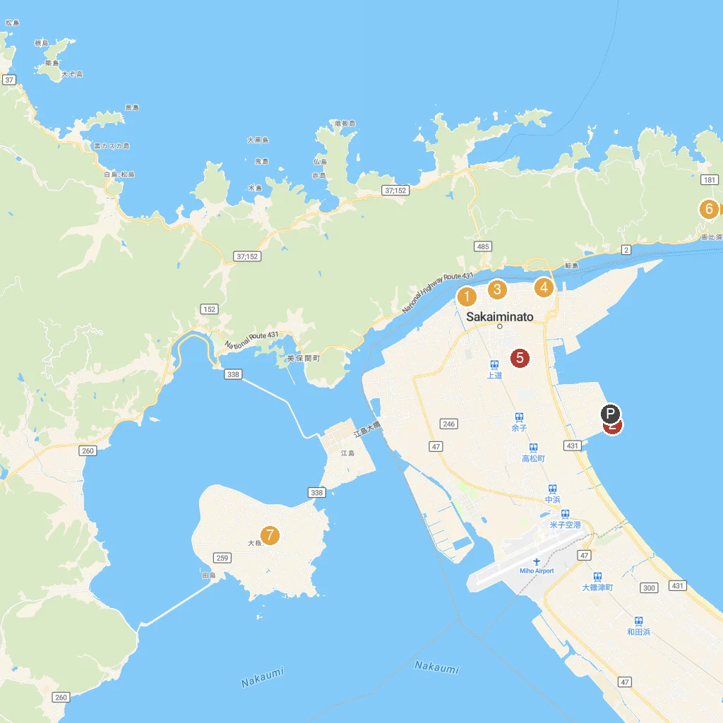 Sakaiminato, Tottori / Matsue, Shimane, Japan map with numbered points of interest