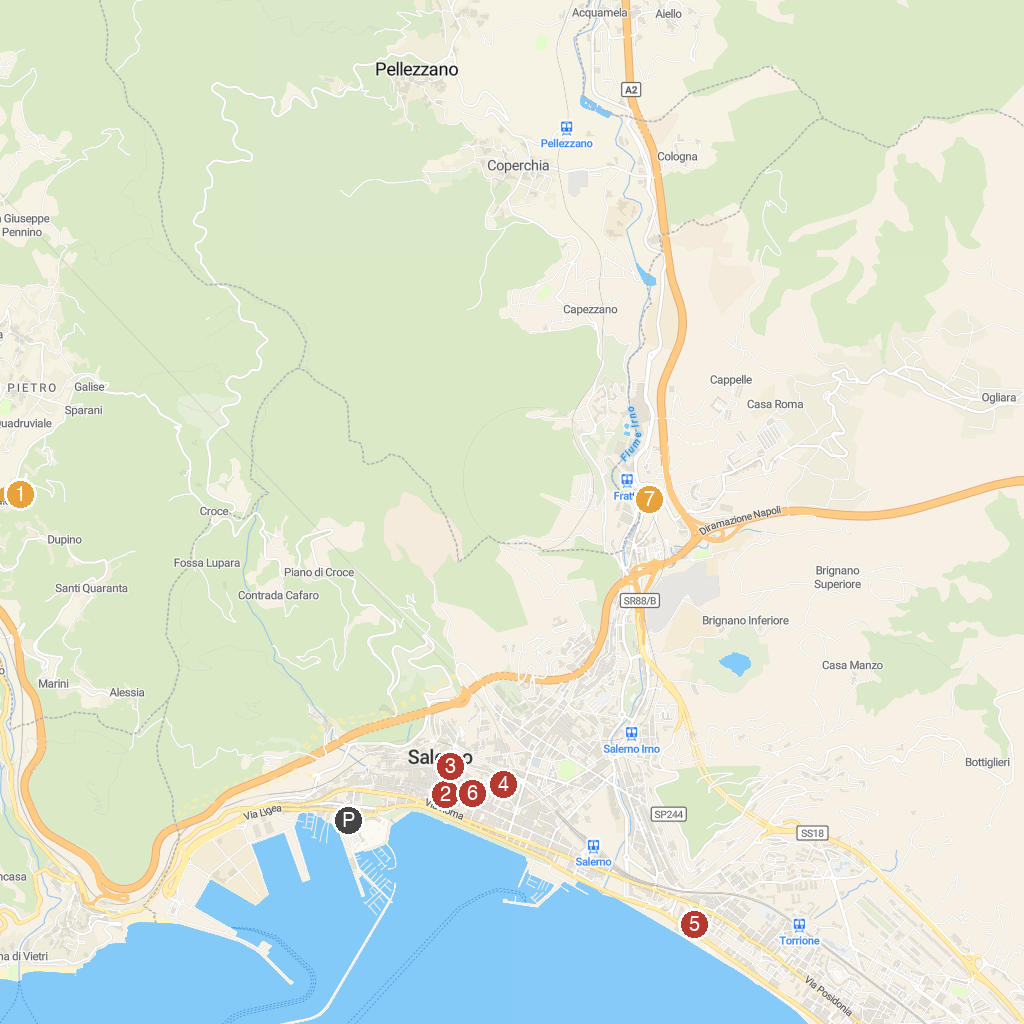 Salerno, Campania, Italy map with numbered points of interest
