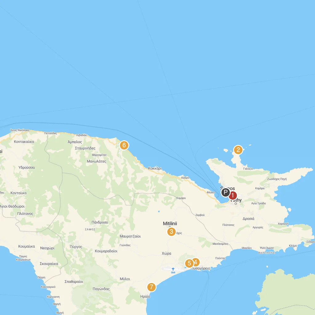 Samos Island, Eastern Aegean, Greece map with numbered points of interest